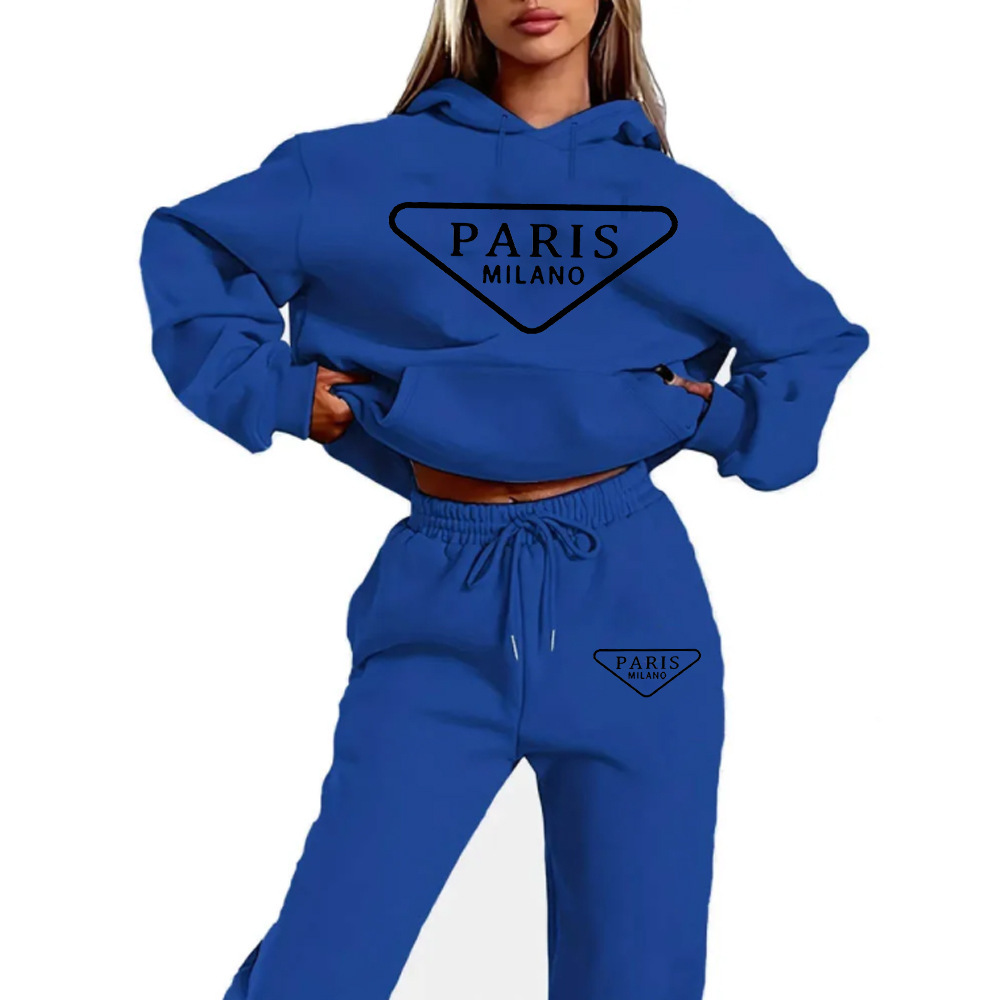 Womens autumn and winter fashionable casual Paris MILANO printed and plush thick warm hooded sweatshirtsports pants set designer