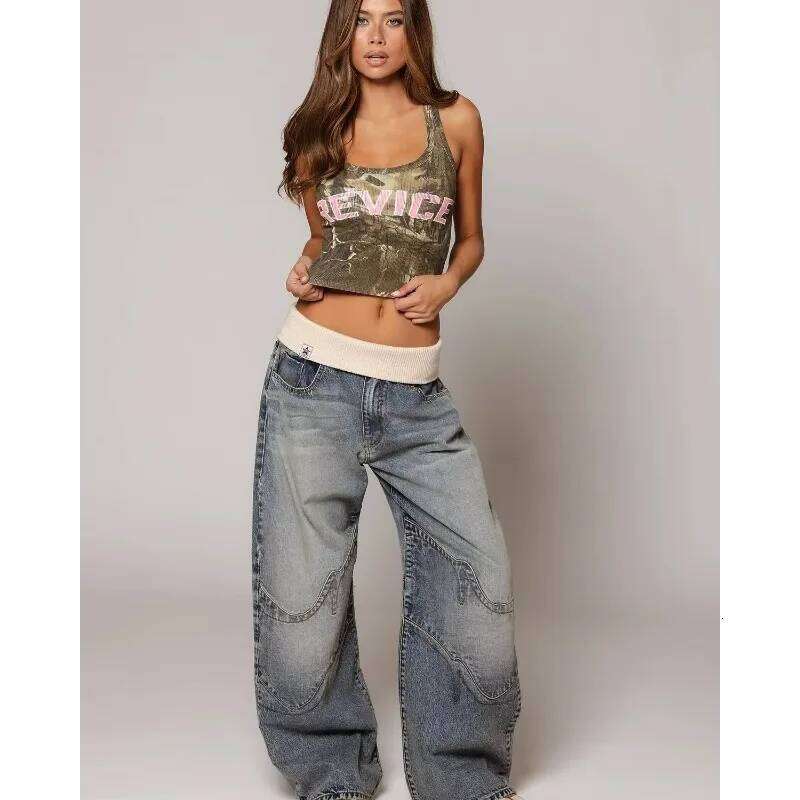 2025 Unisex Streetwear Hip Hop Baggy Straight-Leg Jeans Washed Blue Embroidered Spliced Distressed Cargo Pants Casual Denim X251224