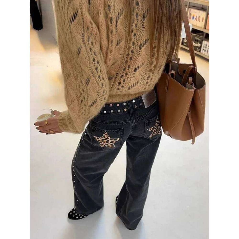 HOUZHOU Y2k Black Vintage Leopard Star Patchwork Women Jeans Punk Rivet American Style Straight Denim Trousers Baggy High Street X251224