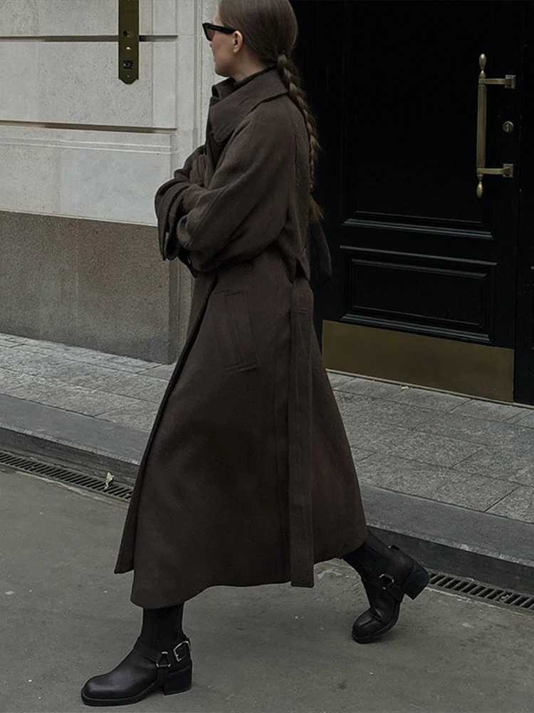 Elegant Lace Up Woolen Coats Women Solid Full Sleeve Single Breasted Turn-down Collar Long Coat Female 2026 Spring Lady OutwearT251224