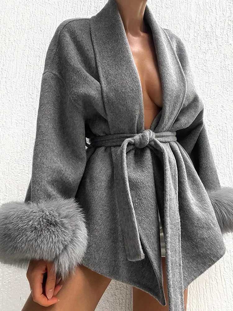 Elegant Lace Up Woolen Short Coats Solid Loose Lapel Furry Belt Long Sleeve Jacket Female 2025 Autumn Winter Lady Chic CardigansT251224