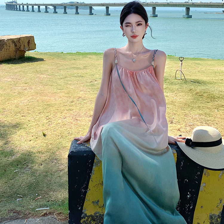 A0046 seaside vacation wind gradually smudged and changed suspender dress women's summer new Chinese loose dopamine dress