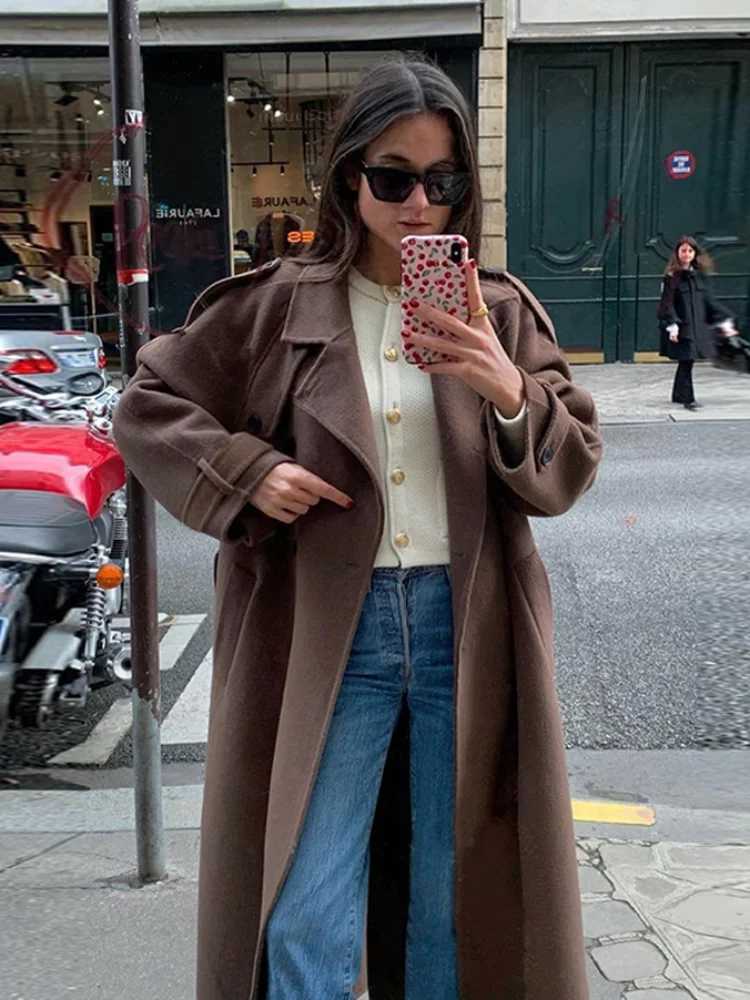 Fashion Long Woolen Jacket For Women Elegant Turn Down Collar Double Breasted Coats Female Winter Autumn Chic Street OuterwearT251224