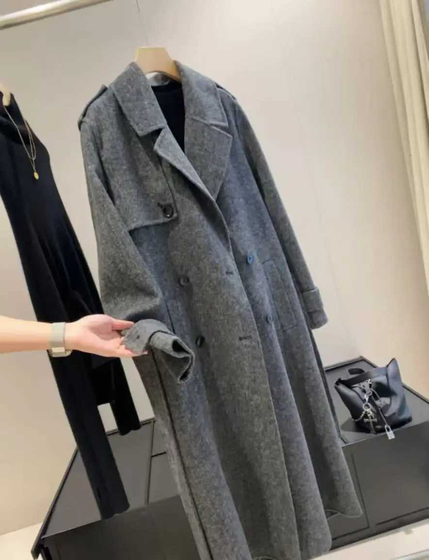 Original Grey 2025 Womens new style wool blend woolen coat with belt double-sided fleece long woolen coatT251224
