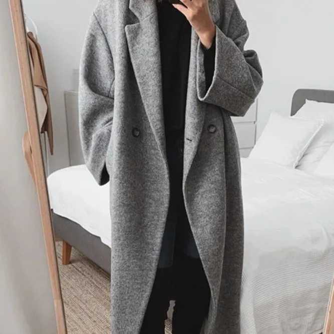 Women Wool Coat Long Jacket Autumn Winter 2025 Thick Overcoat Button Pockets Turn Down Collar Office Lady Woolen OuterwearT251224