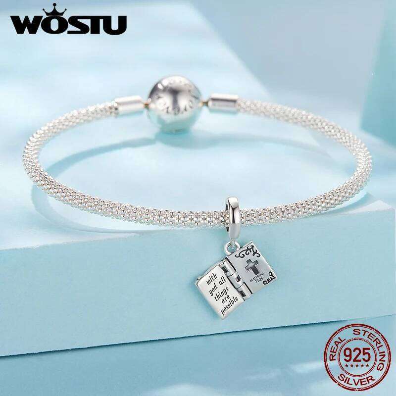 WOSTU 925 Sterling Silver Religious Openable Bible Book Charm Cross Faith Pendant Celtic Knot bead Fir Bracelet DIY Family Gift X251224