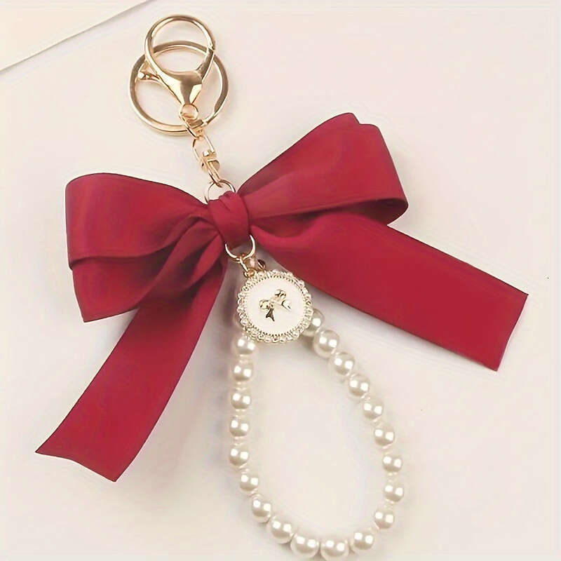 Large Bowknot Pearl Keychain Pendant Creative Colorful Ribbon Cloth Knot Accessories Earphone Case Bag Accessory