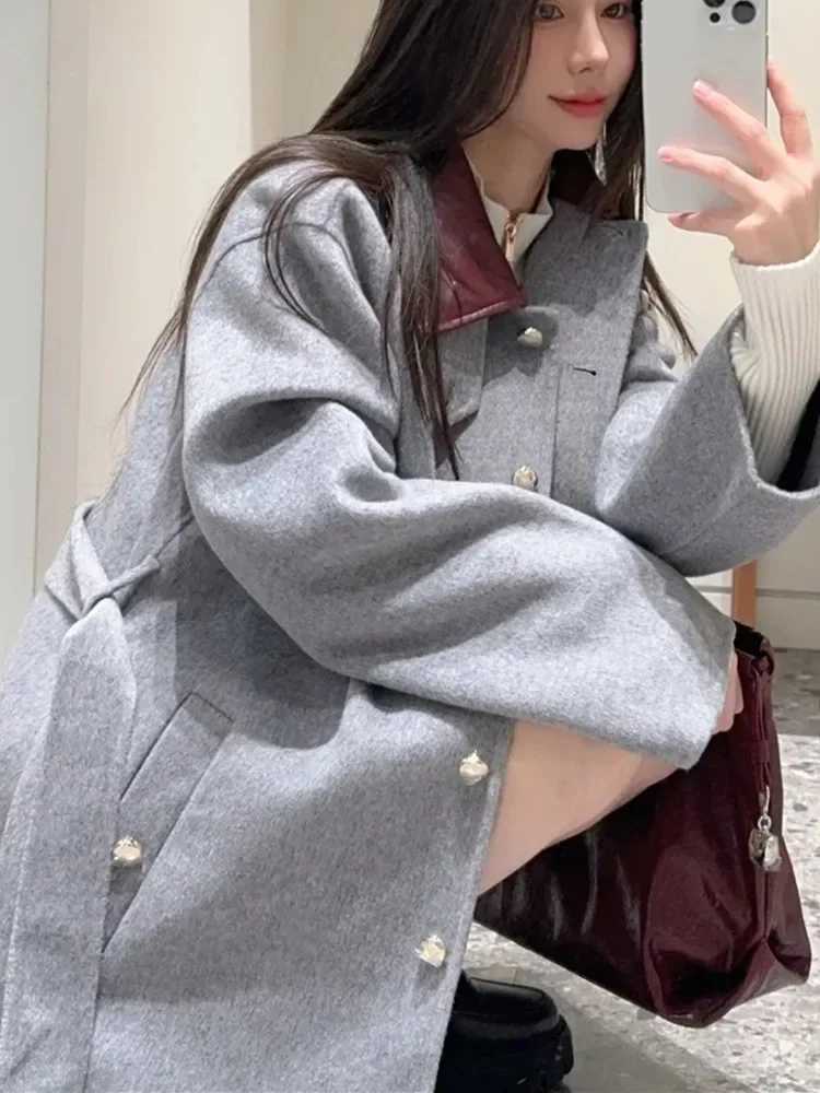 Gray Womens Lace-up Coat Detachable Collar Double-sided Woolen Single Breasted 2025 Autumn Winter Lady JacketT251224