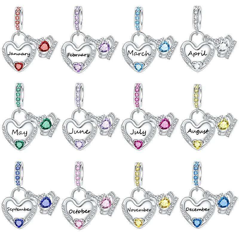 925 Sterling Silver January-December Birthday Stone Love Zircon Pendant Bead Fit Charms Necklace Bracelet Women Jewelry DIY Gift X251224