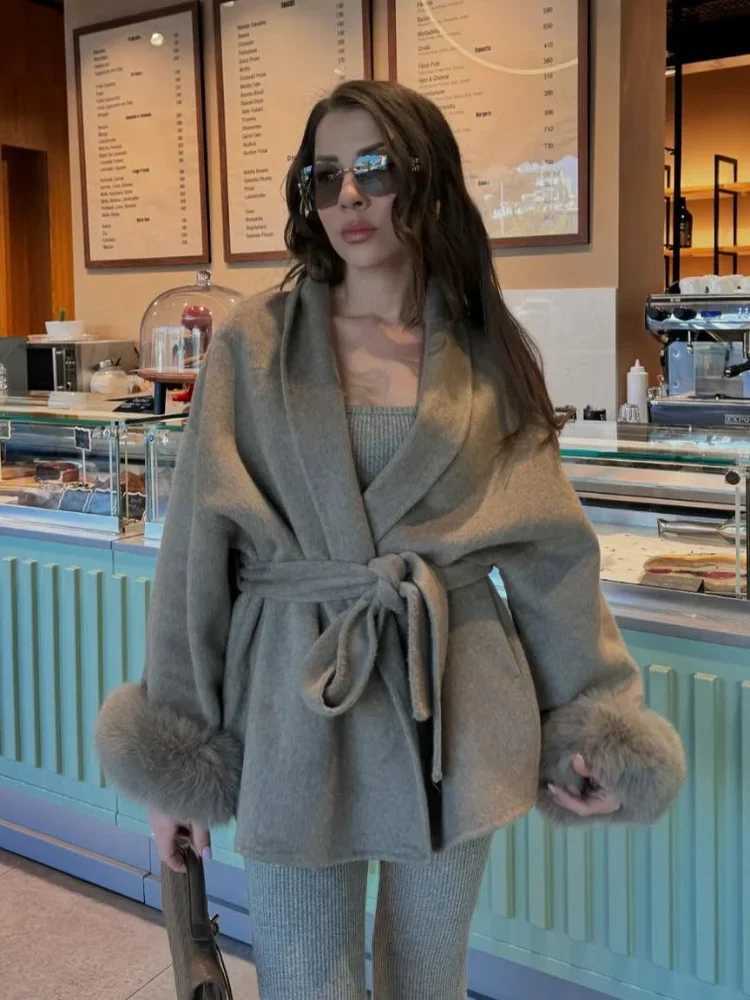 Grey Lace Up Faux Fur Sleeve Jacket Luxury Womens Mid-length V-neck Woolen Blend Coat Autumn Casual Fashion Scarf Outwear 2025T251224
