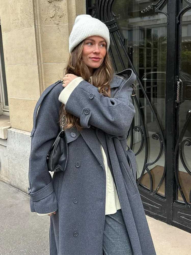 Chic Lace Up Long Woolen Coat Women Gray Double Breasted Lapel Full Sleeve Pocket Coats 2025 Autumn Winter Lady Street OutwearT251224
