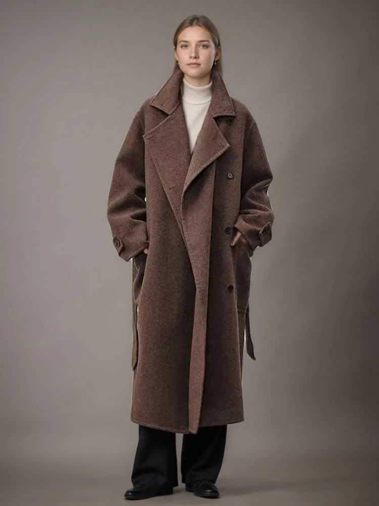 DEAT Fashion Brown Double Side Woolen Coat Womens Lapel Loose Single Breasted Big Pockets Sashes Blends Overcoat Autumn NewT251224