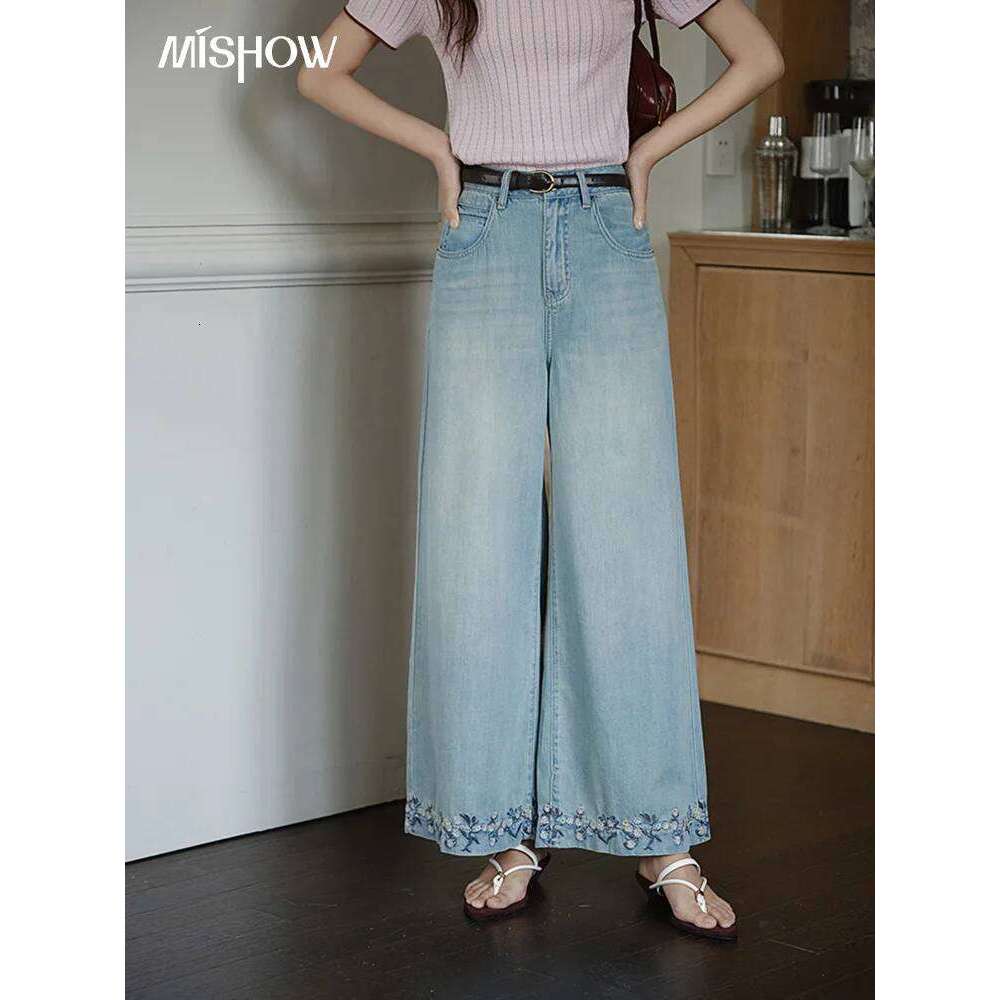 MISHOW Women Flower Embroidery Wide Leg Pants 2025 Summer Office Lady Fashion High Waist Slim Jeans Female Clothing MXE37K0991 X251224