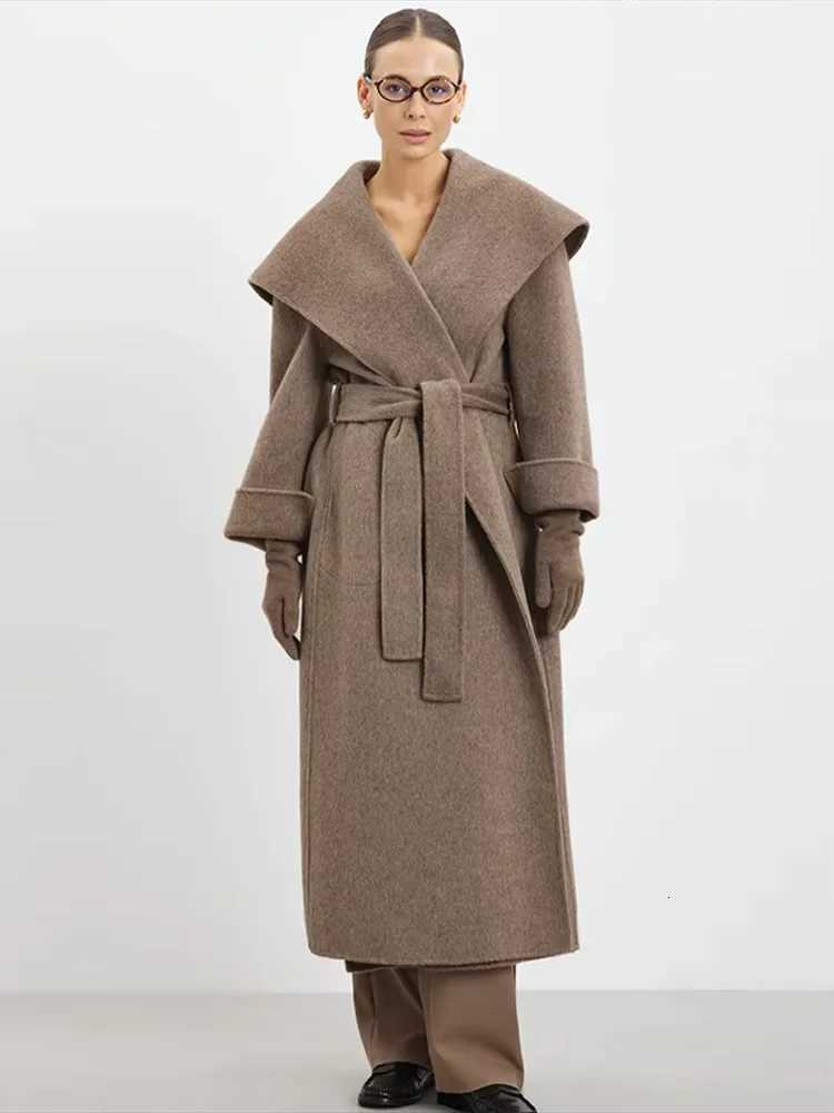 Solid Large Lapel Belted Long Woolen Women Coat Elegant Full Sleeve Lace Up Overcoat 2025 Autumn Winter Wrap Style OuterwearT251224