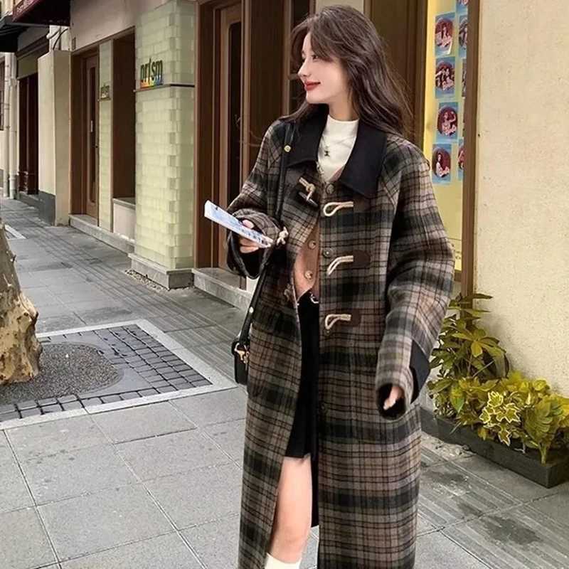 Vintage Plaid Midi Woolen Coats Women Winter Quilted Elegant Preppy Horn Buttons Outwear French Loose Casual Student Simple TopsT251224