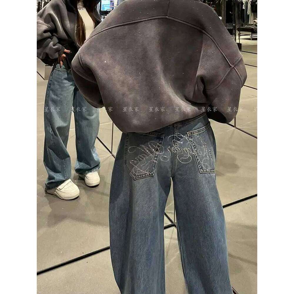 Baggy Blue Jeans for Women Vintage Y2k Letter Rhinestone Straight Denim Pant Streetwear High Waist Wide Leg Trousers X251224