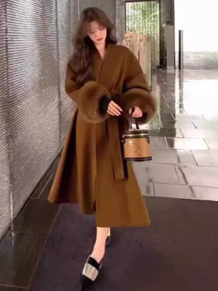 DFDG Caramel Brown Temperament Fashionable 2024 Autumn And Winter New Mid To Long Woolen Coat Jacket For WomenT251224