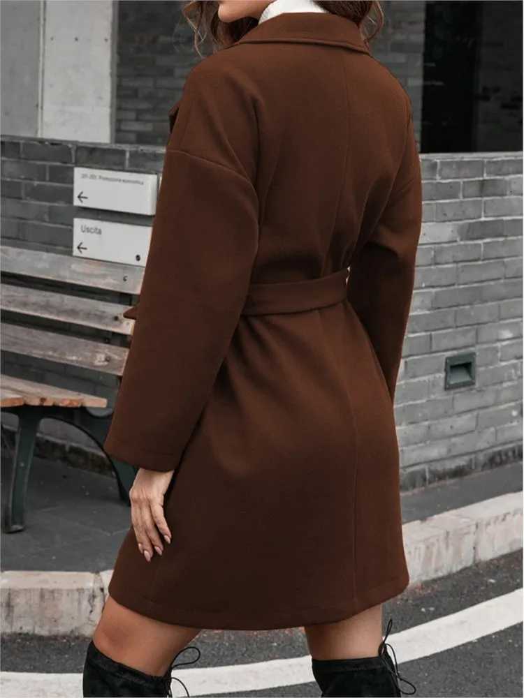New Autumn Winter Womens Woolen Long-sleeved Casual Long Coats Fashion Pockets Elegant Laces Female Suit Collar Woolen CoatsT251224