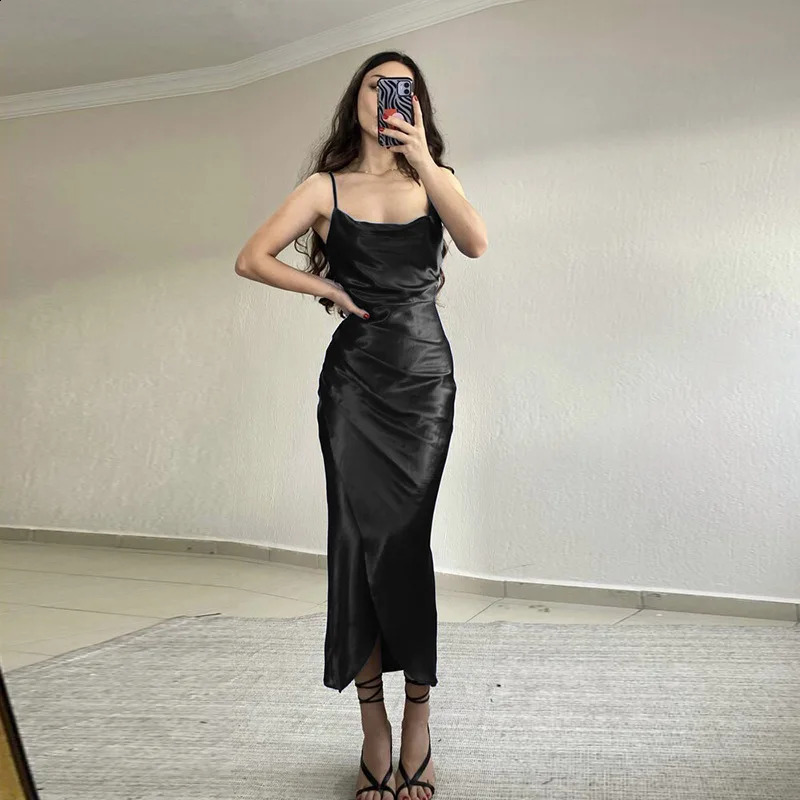 Spring Strap Womens Dress European and American High end Sexy Spicy Girl Low cut Satin Split Back 251223 C260312