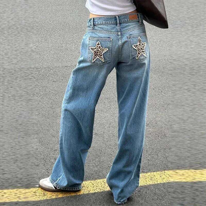 European and American Leopard Print Star Patch Street Women's High Waist Jeans Fashion Clothing Vintage Straight Trousers X251224