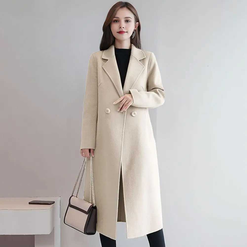 Winter Mid-length Women Overcoat Solid Color Double-breasted Turn-down Collar Coat Thermal Long Sleeve Wool Jacket With PocketsT251224