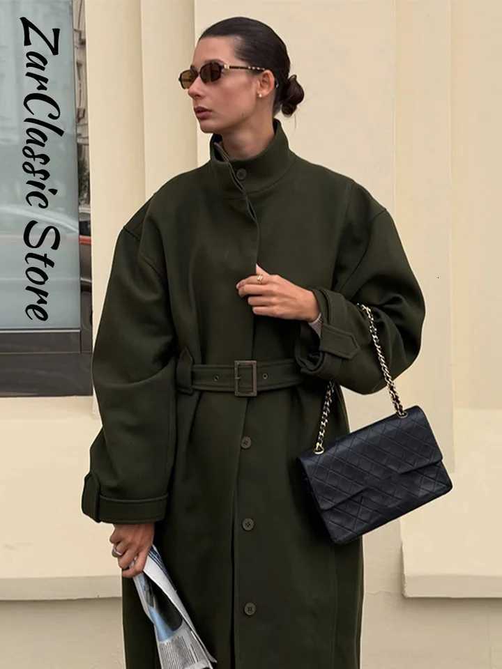 Elegant Stand Collar Belt Mid Woolen Women Coats Warm Single Breasted Full Sleeve Solid Quilted Jackets 2025 Thicken OutwearsT251224