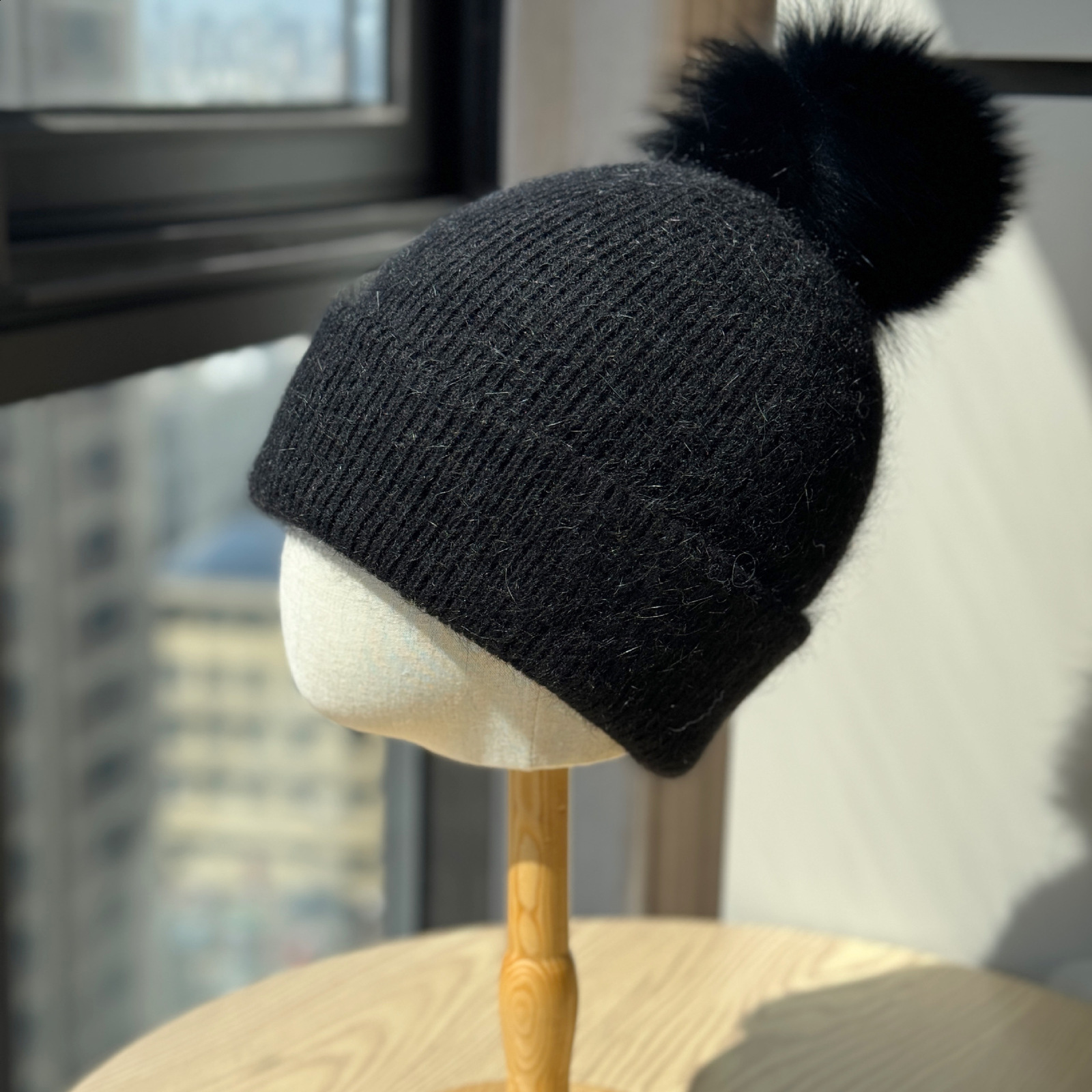 New Style Fox Fur Ball Hat for Women Winter Solid Color Woolen Thread Hat Face Slimming Ear Protection Knitted Thickened Warmth Cold Protection