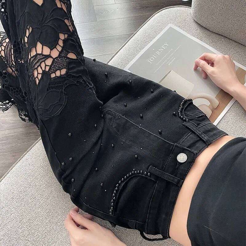 2025 Women's Denim Baggy Jeans flared Black Pants Diamonds Patchwork Lace Hollow Out Embroidery Straight New Summer Fashion X251224