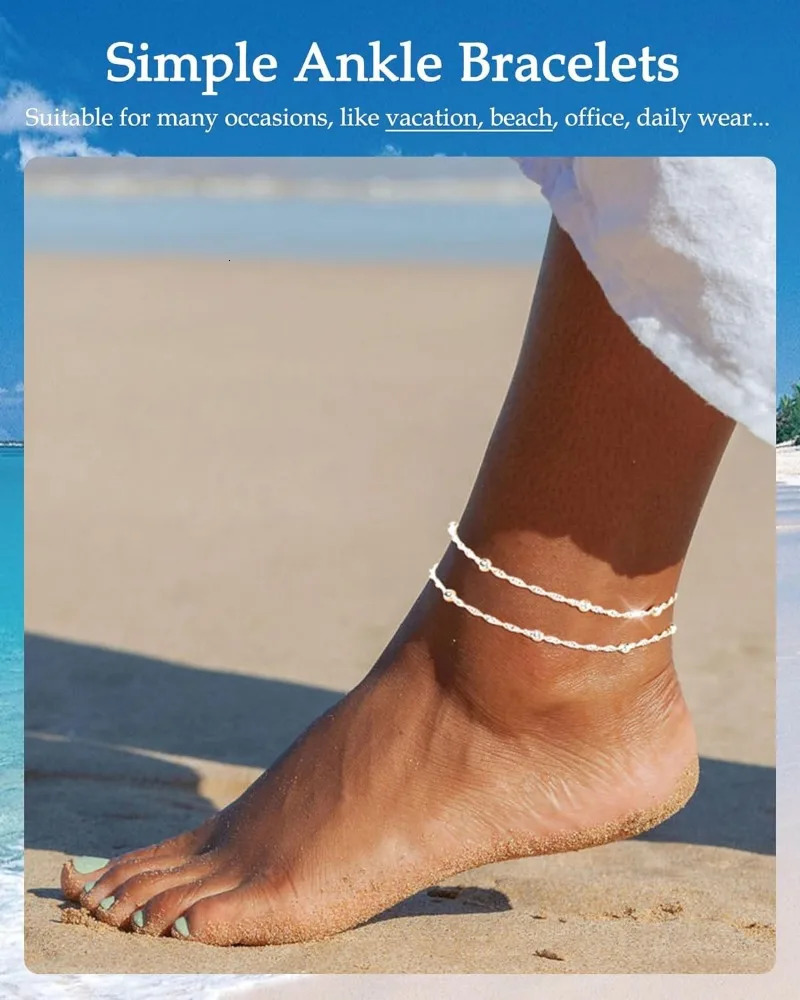 Waterproof Gold Silver Ankle Bracelets for Women 14K Gold Plated Stainless Steel Double Layered Twist Beaded Anklets for Girls 251219