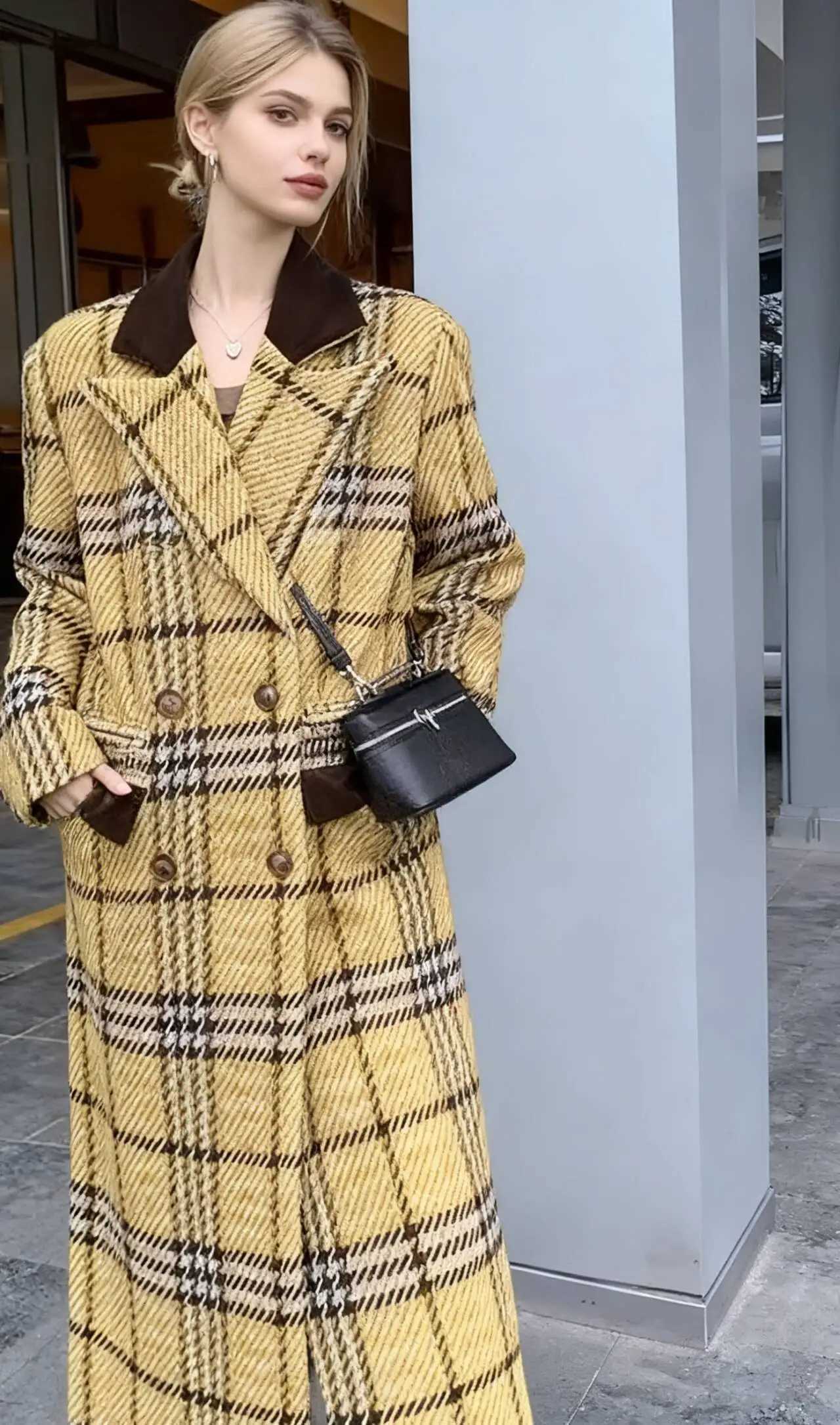 Wool Blend Coats Womens Woolen Coat Thickened Plaid Autumn Corduroy Double-Breasted Collar Gothic Style Club Outings Unique ChicT251224