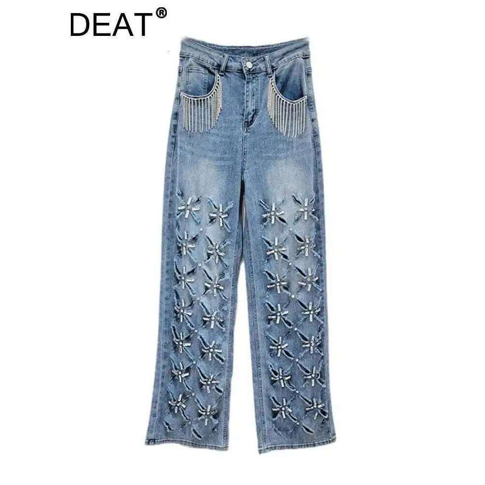 DEAT Women's Denim Pants Broken Holes Diamonds Tassel Design Female Blue Straight Long Jeans 2025 Summer New Fashion 29L8046 X251224