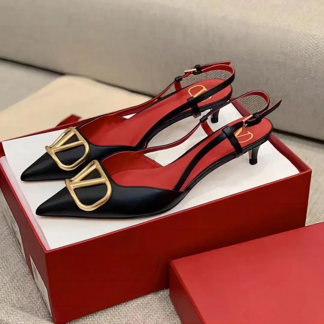 Luxury Brand Designer Metal V-Button Pointed Thin High Heels Sexy Evening Shoes Women's Open Heel Sandals