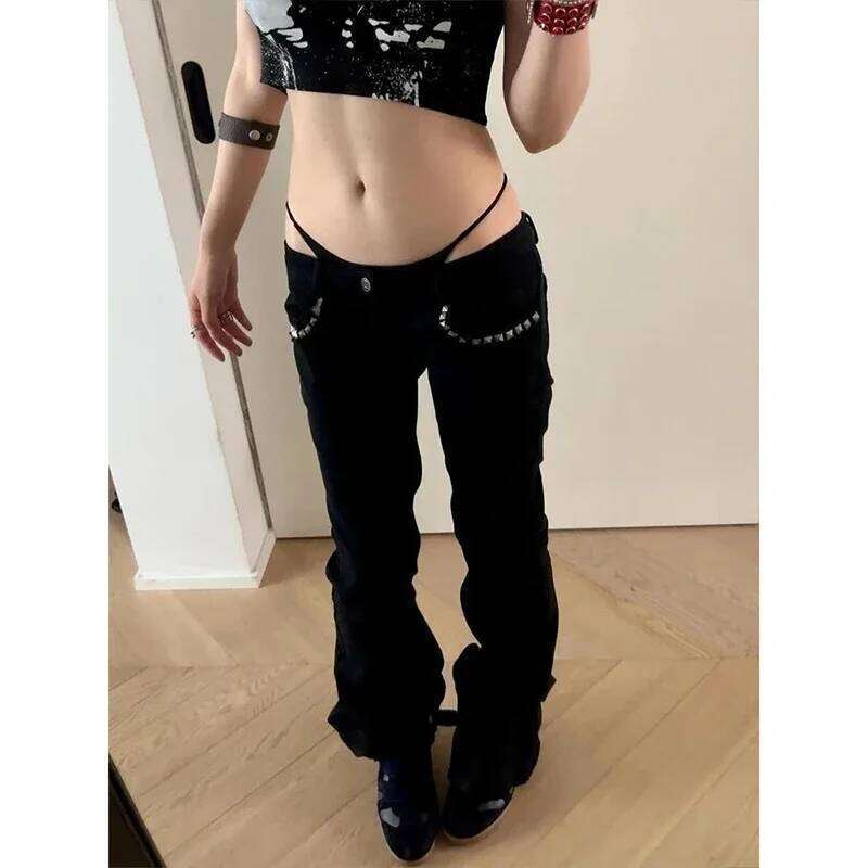 Women Vintage Black Low Rise Flared Jeans Denim Pants American Retro Rivet Slim 90s Bell Bottom Y2k Harajuku Kpop Trousers X251224