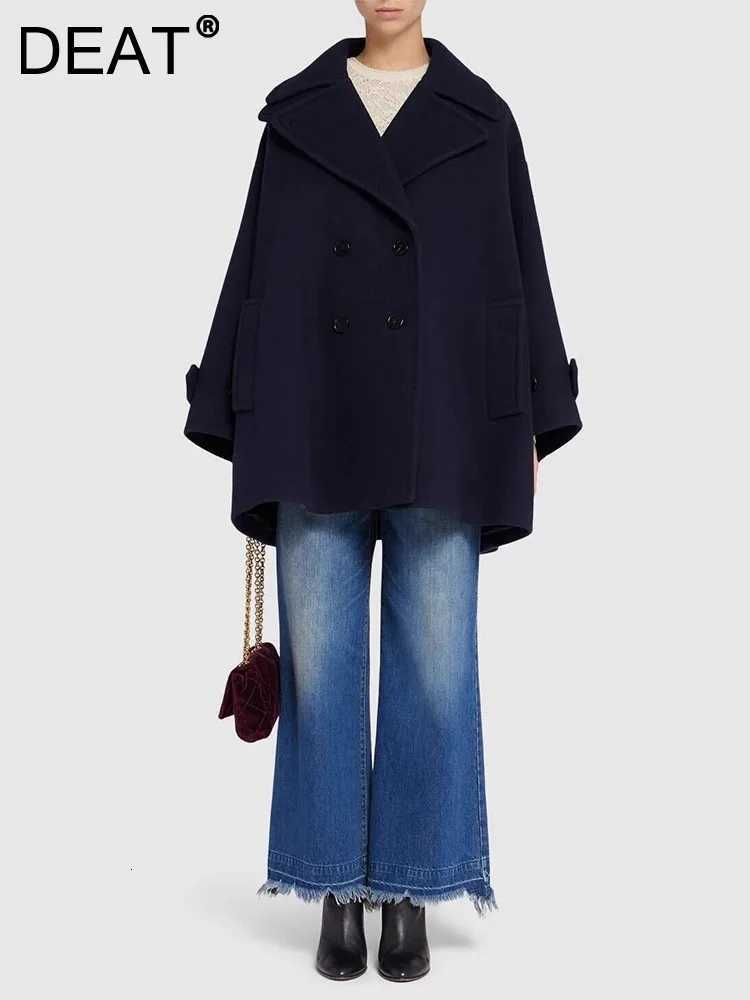 DEAT Fashion Navy Blue Woolen Coat Womens Big Lapel Double Breasted Long Sleeves Overcoat Winter New 7A1868T251224