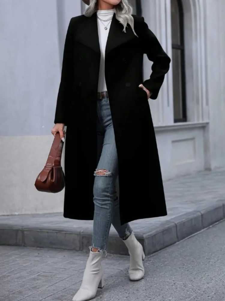 Chic Elegant Women Solid Color Grey Long Sleeve Pockets Double Breasted Fake Woolen Coat Woman Winter Warm Long OutwearT251224