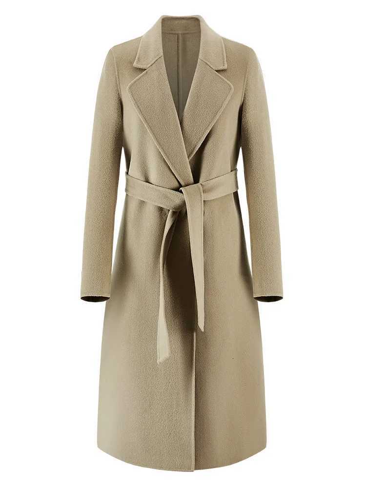 CAIXINGLE 2024 Autumn 100 Wool Coats With Belt Fashion Open Stitch Elegant Woolen Cashmere Coat Veste Femme TopsT251224