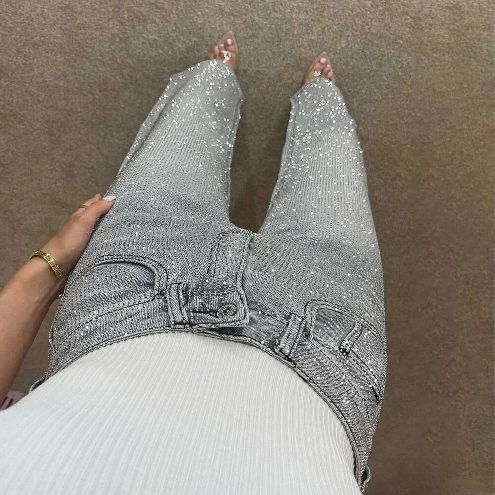 High Waist Rhinestone Jeans Women Straight Denim Pants Diamonds Vintage Ankle Length Loose Pockets Zipper Trousers X251224