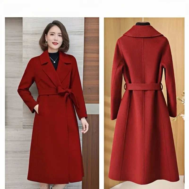 Red Wool Jacket Womens Clothing 2025 Autumn Winter New Fashion Slim Temperament Jacket With belt Female Casual Long OvercoatT251224