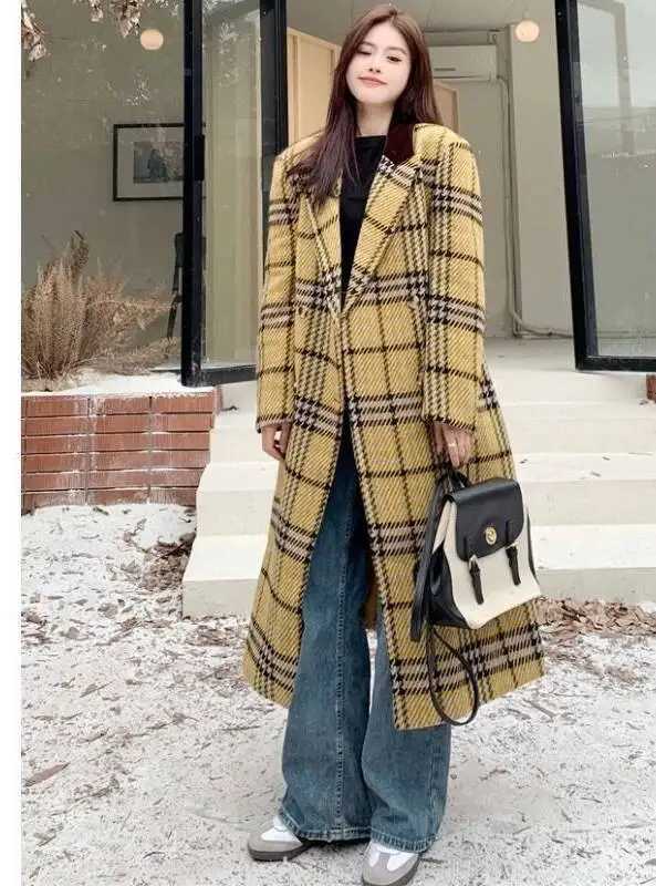 Wool Blend Coats Womens Woolen Coat Thickened Plaid Autumn Corduroy Double-Breasted Collar Gothic Style Club Outings Unique ChicT251224