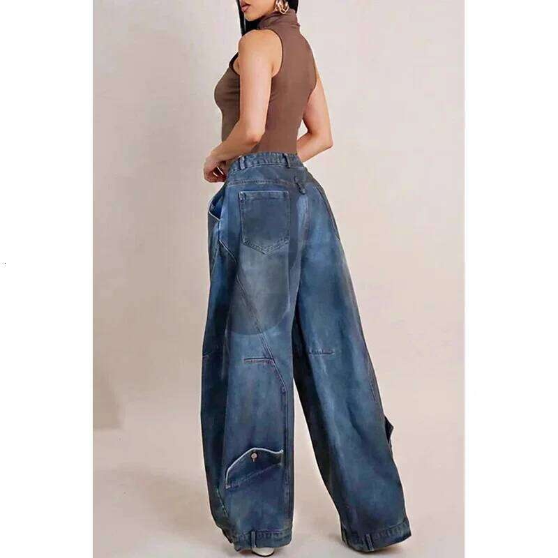 Y2K Women Loose Jeans Asymmetric Button Pocket Washed Jean Casual Harajuku High Street Grunge Denim Trouders Pants X251224