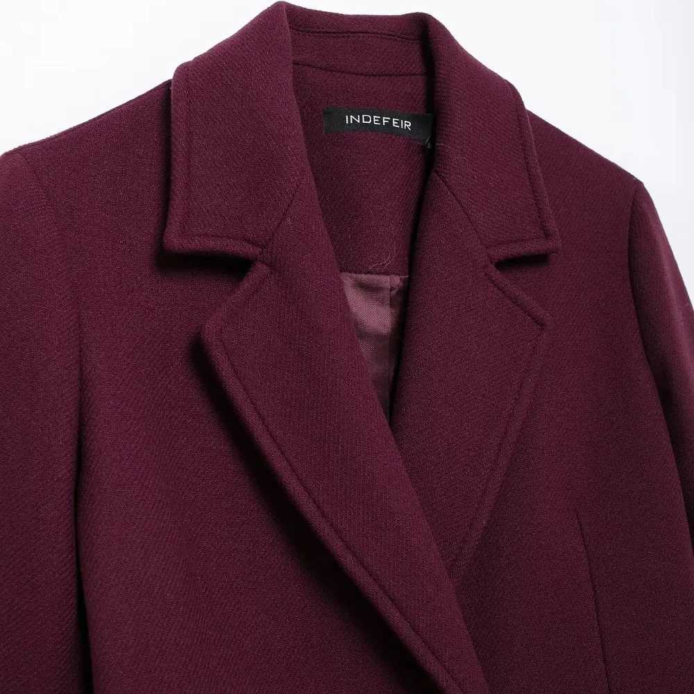 Women Fashion Burgundy Woolen Coat Double Breasted Long Sleeve Lapel Blends Jacket Autumn Winter High Street OuterwearT251224