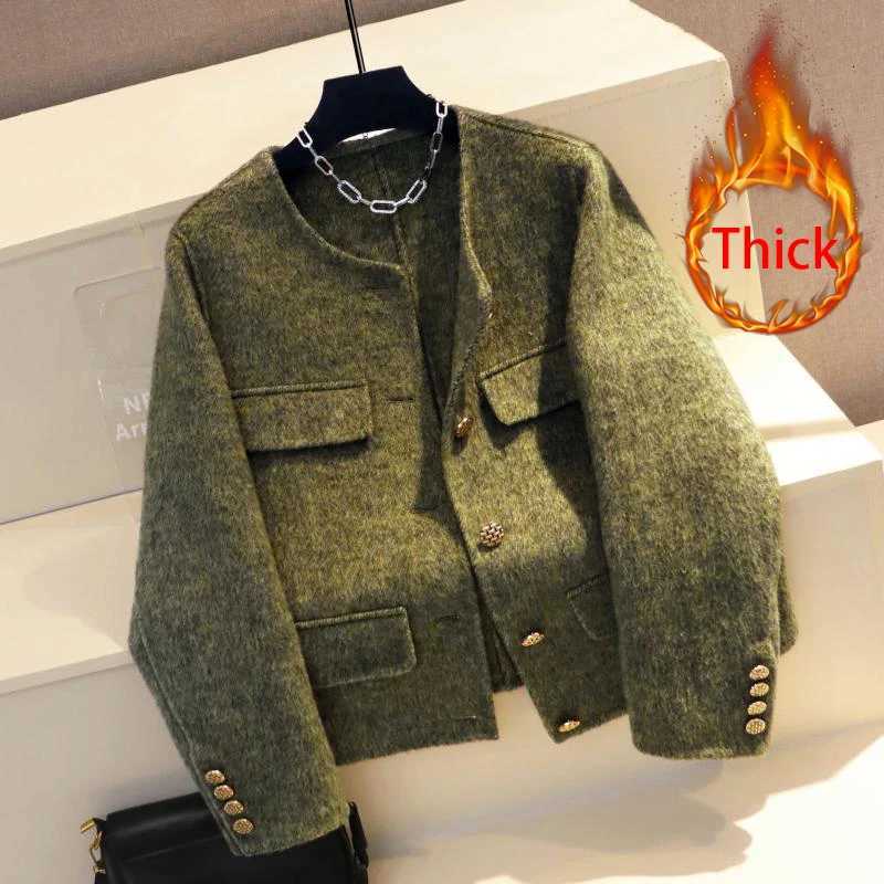 MEXZT Vintage Wool Blends Coat Women Elegant Cropped Quilted Woolen Jacket Korean Commute Blazer Winter Long Sleeve OuterwearsT251224