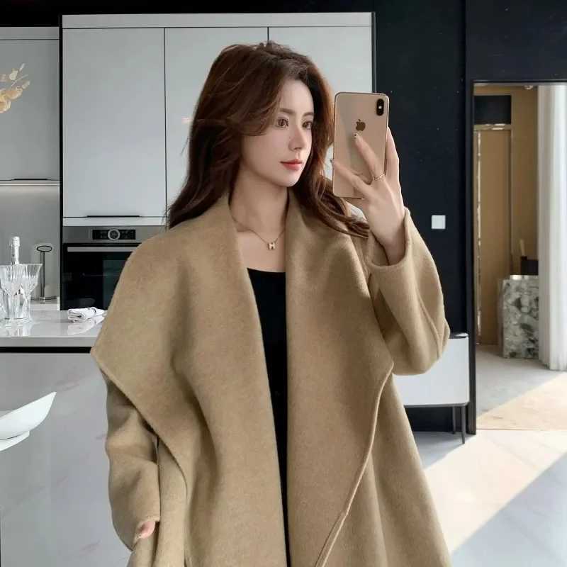 100 Wool Coat Womens Wear 2025 Autumn/Winter Fashion Temperament Double sided Cashmere Coats with Belt Elegant Long OvercoatT251224