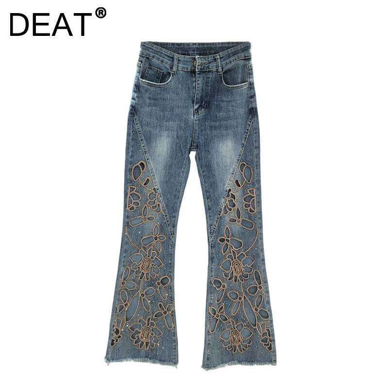 DEAT Women's Micro Flared Jeans High Waist Slim Hollow Out Diamonds Denim Ankle-Length Pants 2025 New Fashion Summer 29A1936 X251224