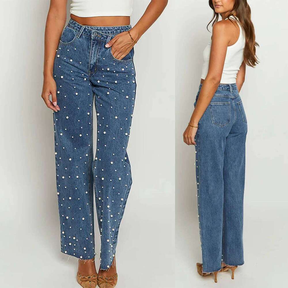 Elegant Pearl Beading Jeans Streetwear Y2K Vintage Denim Baggy Pants Chic Women Clothing Fashion 2025 X251224