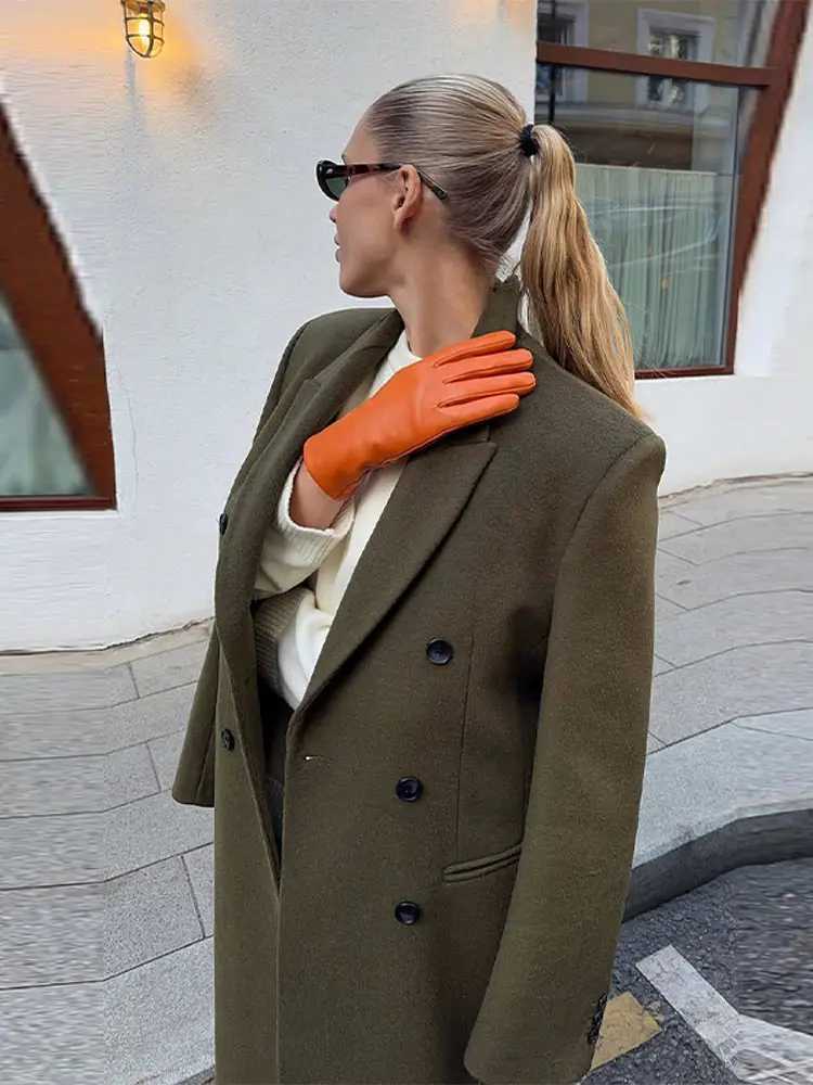 Fashion Green Long Woolen Coats Women Loose Lapel Double Breasted Full Sleeve Overcoats 2025 Autumn Winter Lady Commute OutwearT251224