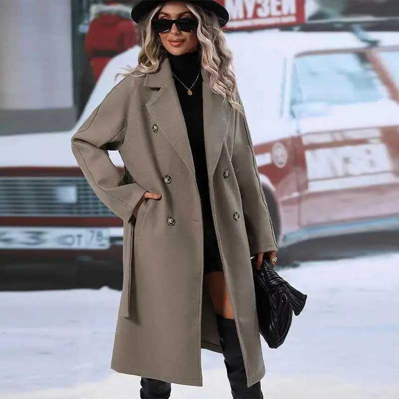 Women Long Wool Blend Coats Female Turn Down Collar Thick Long Double Breasted Button Trench Overcoat JYFS-9238T251224
