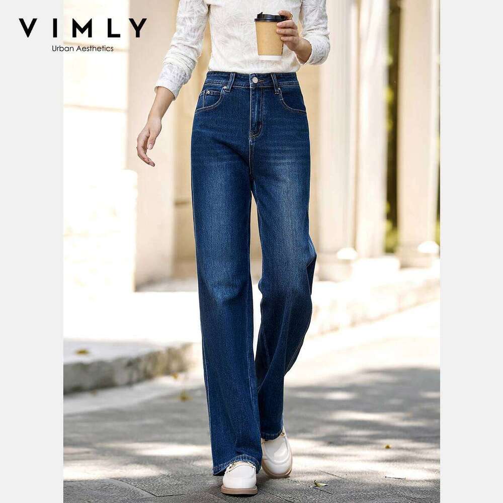 VIMLY Blue Denim Woman Pants Autumn Vintage 2025 New Straight Pockets Wide Leg Female Jeans Casual Button Trousers Ladies 75180 X251224