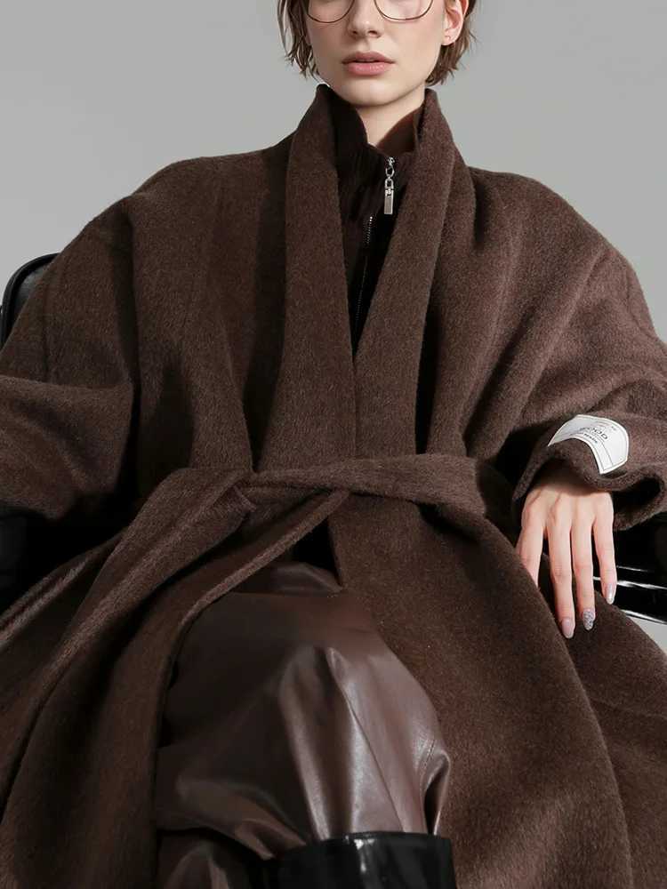 Bathrobe Style Loose 100Wool Coat Women Fashio Elegant Autumn Winter Jacket 2025T251224