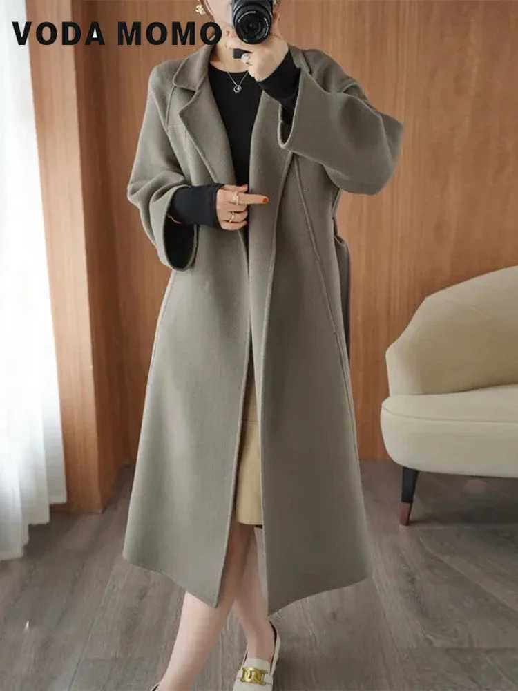 Long Overcoat Fall Outfits Women Spring Autumn Solid Lapel Loose Woolen Coat Lace-up Fashionable Wool Jackets Versatile KoreanT251224
